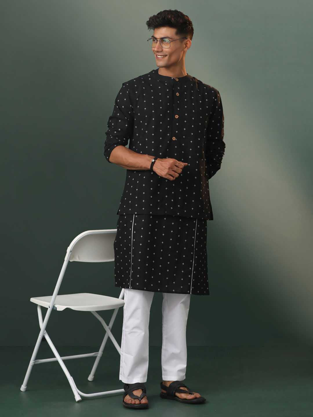 Sarvati Men's Black Jacquard Cotton Jacket Kurta Pyjama Set