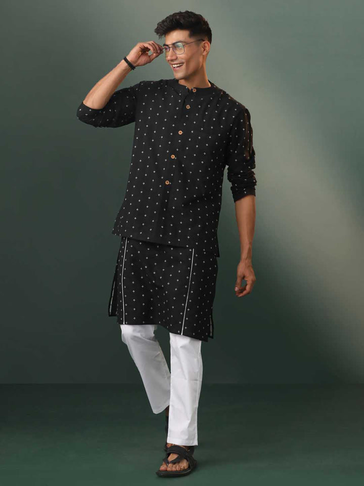 Sarvati Men's Black Jacquard Cotton Jacket Kurta Pyjama Set