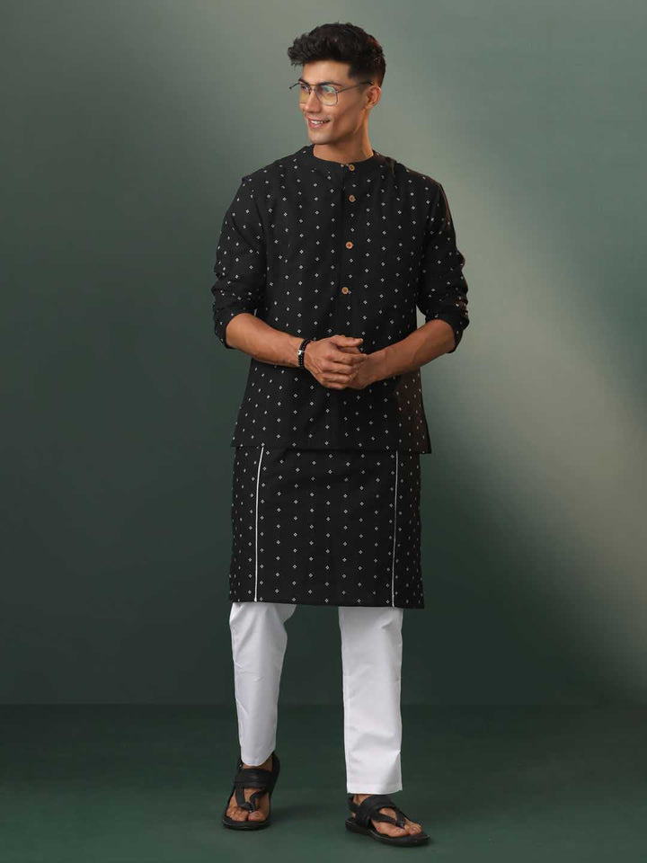 Sarvati Men's Black Jacquard Cotton Jacket Kurta Pyjama Set