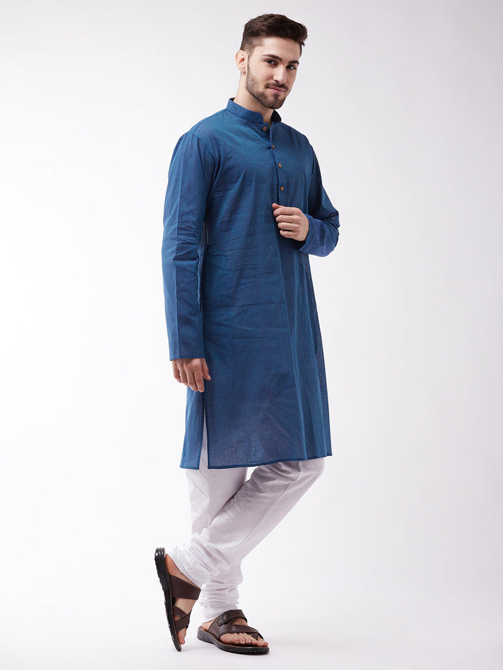 Sarvati Men's Blue Cotton Handloom Kurta With White Pyjama Set