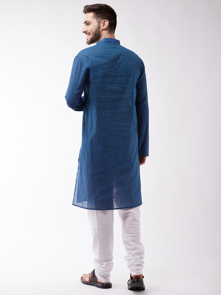 Sarvati Men's Blue Cotton Handloom Kurta With White Pyjama Set