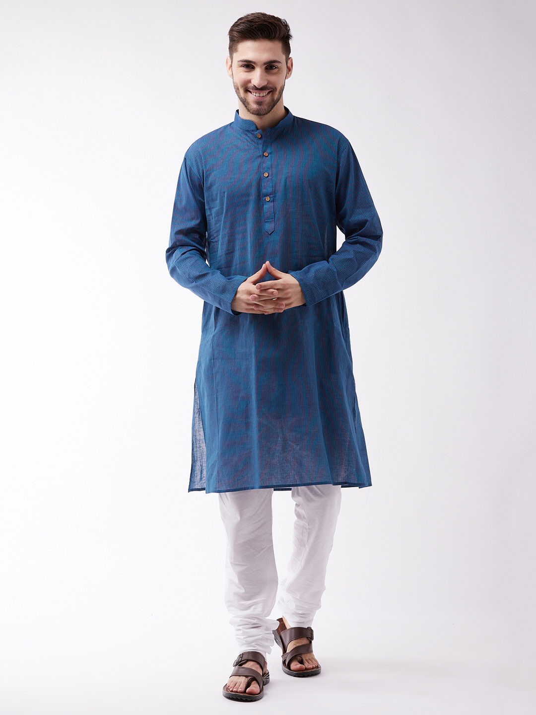 Sarvati Men's Blue Cotton Handloom Kurta With White Pyjama Set