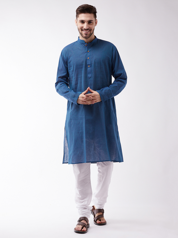 Sarvati Men's Blue Cotton Handloom Kurta With White Pyjama Set