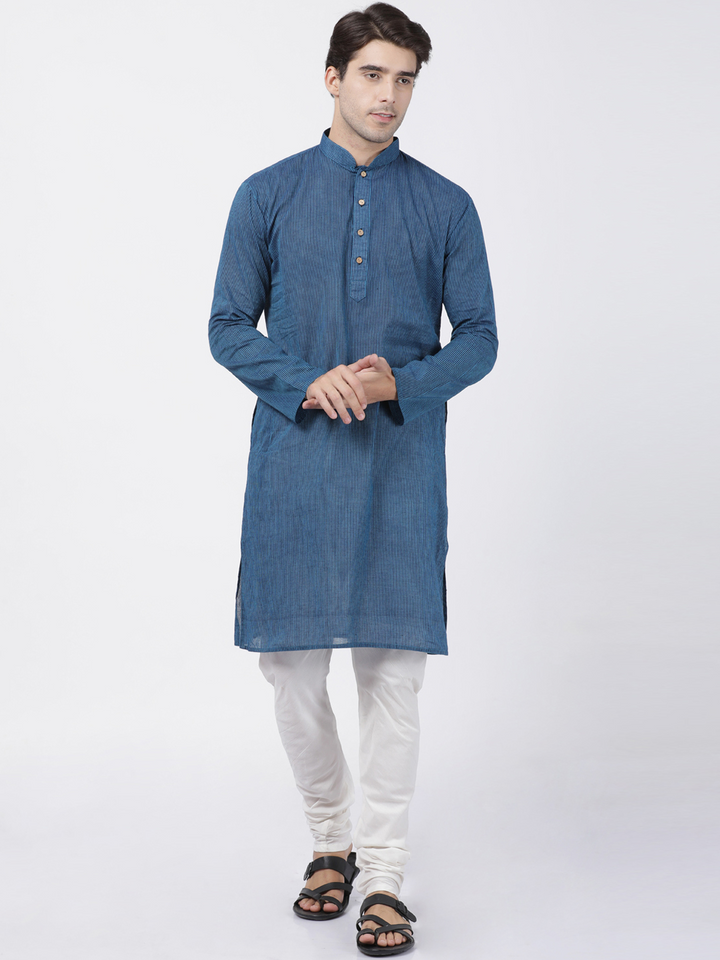 Sarvati Men's Blue Cotton Handloom Kurta With Pyjama Set