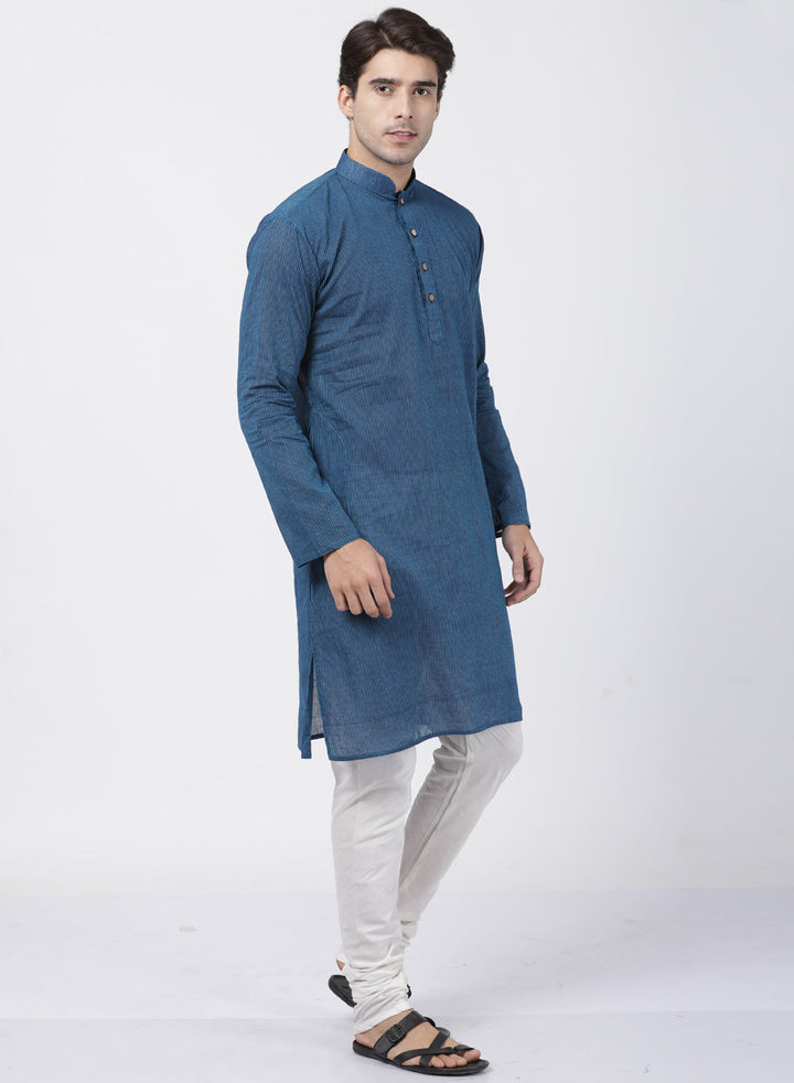 Sarvati Men's Blue Cotton Handloom Kurta With Pyjama Set