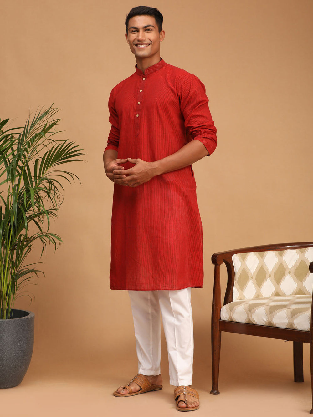 Sarvati Men's Maroon Cotton Handloom Kurta With White Pant Set