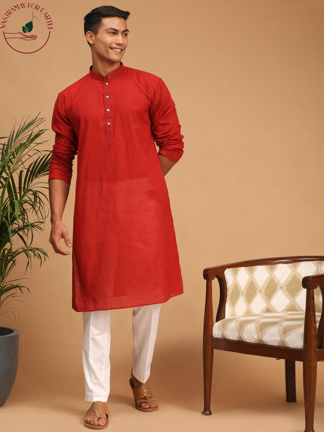 Sarvati Men's Maroon Cotton Handloom Kurta with White Cotton Pant Set