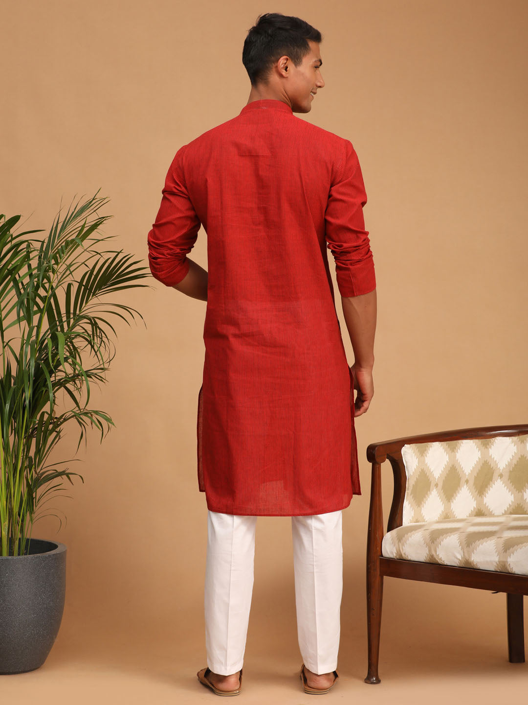 Sarvati Men's Maroon Cotton Handloom Kurta with White Cotton Pant Set