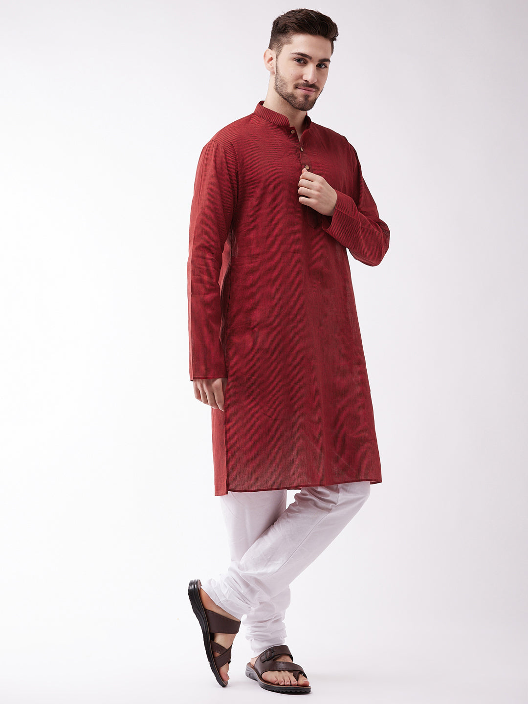 Sarvati Men's Maroon Cotton Handloom Kurta With Pyjama Set