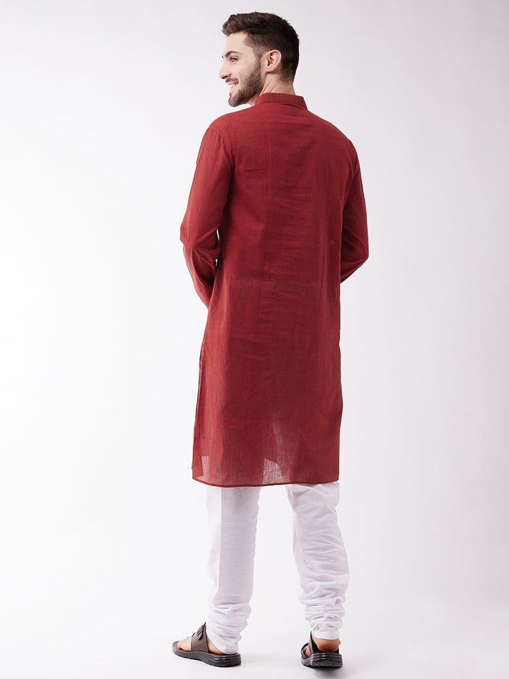 Sarvati Men's Maroon Cotton Handloom Kurta With Pyjama Set