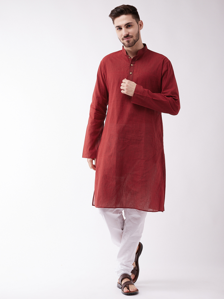 Sarvati Men's Maroon Cotton Handloom Kurta With Pyjama Set