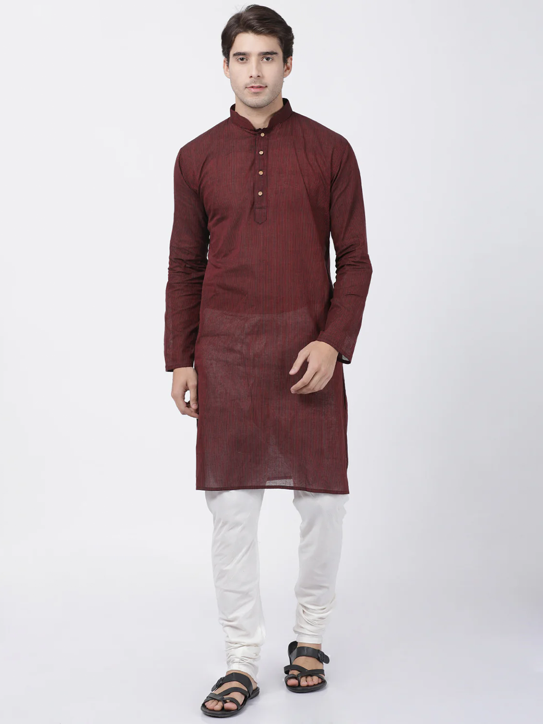 Sarvati Men's Maroon Cotton Handloom Kurta With Pyjama Set