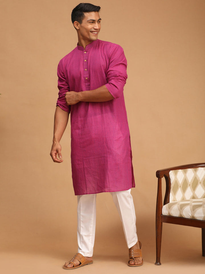 Sarvati Men's Purple Cotton Handloom Kurta With White Pant Set