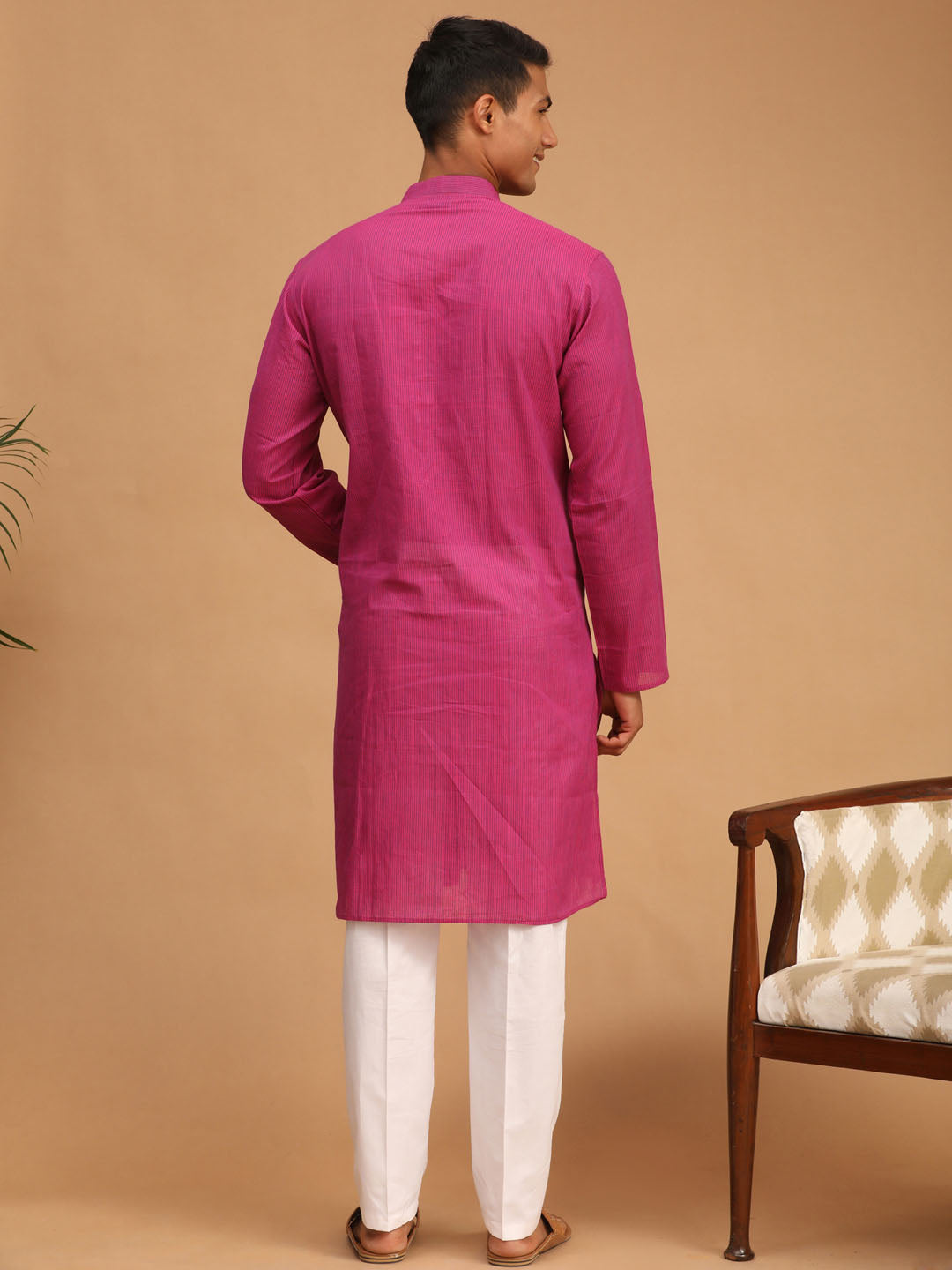 Sarvati Men's Purple Cotton Handloom Kurta With White Pant Set