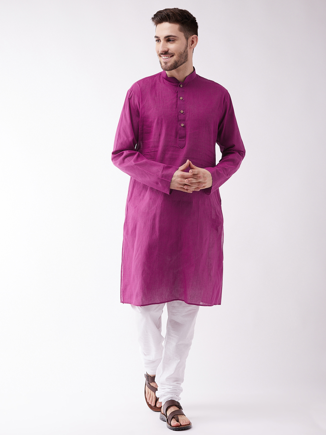 Sarvati Men's Purple Cotton Handloom Kurta With Pyjama Set