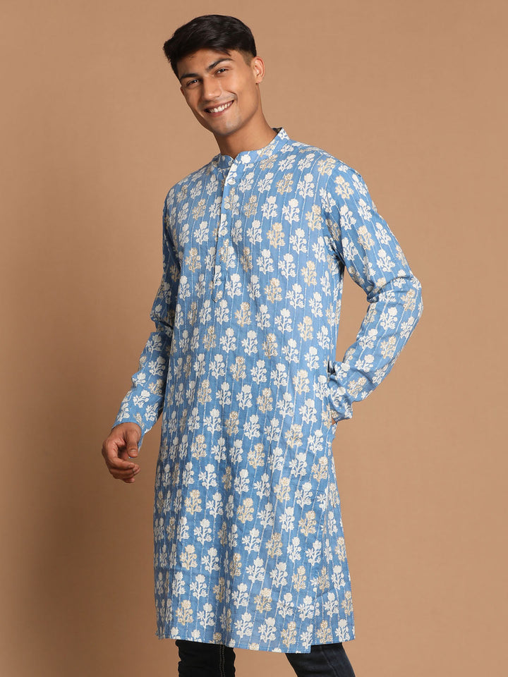Men's Blue Quirky Printed Thread Work Kurta
