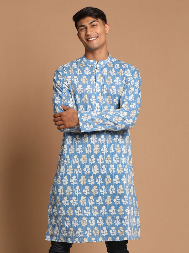 Men's Blue Quirky Printed Thread Work Kurta