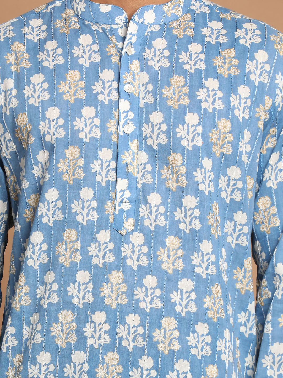 Men's Blue Quirky Printed Thread Work Kurta