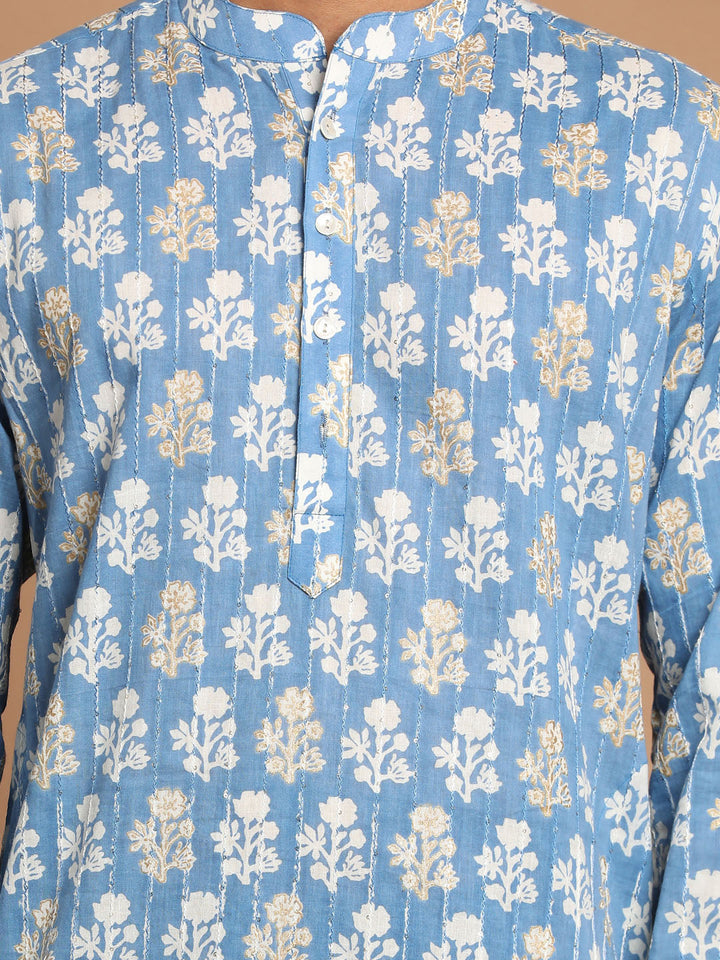 Men's Blue Quirky Printed Thread Work Kurta