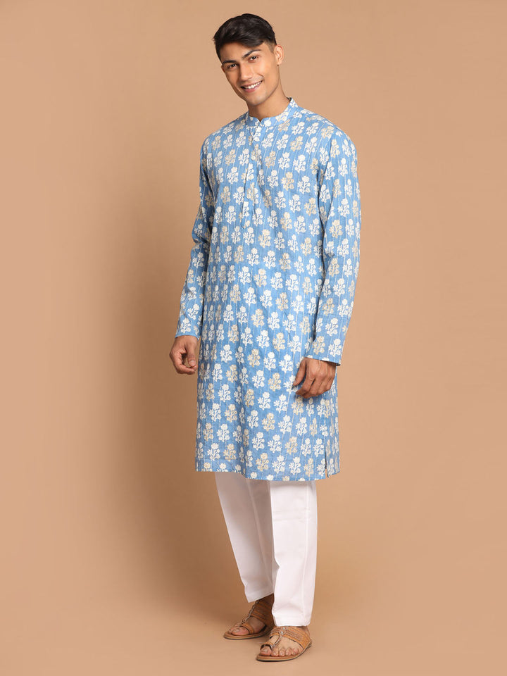 Sarvati Men's Blue Floral Printed Sequined Pure Cotton Kurta With Pajama Set