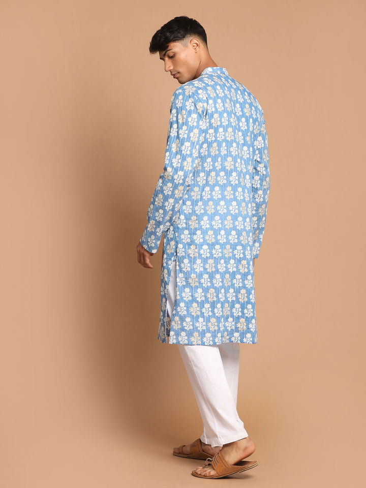 Sarvati Men's Blue Floral Printed Sequined Pure Cotton Kurta With Pajama Set