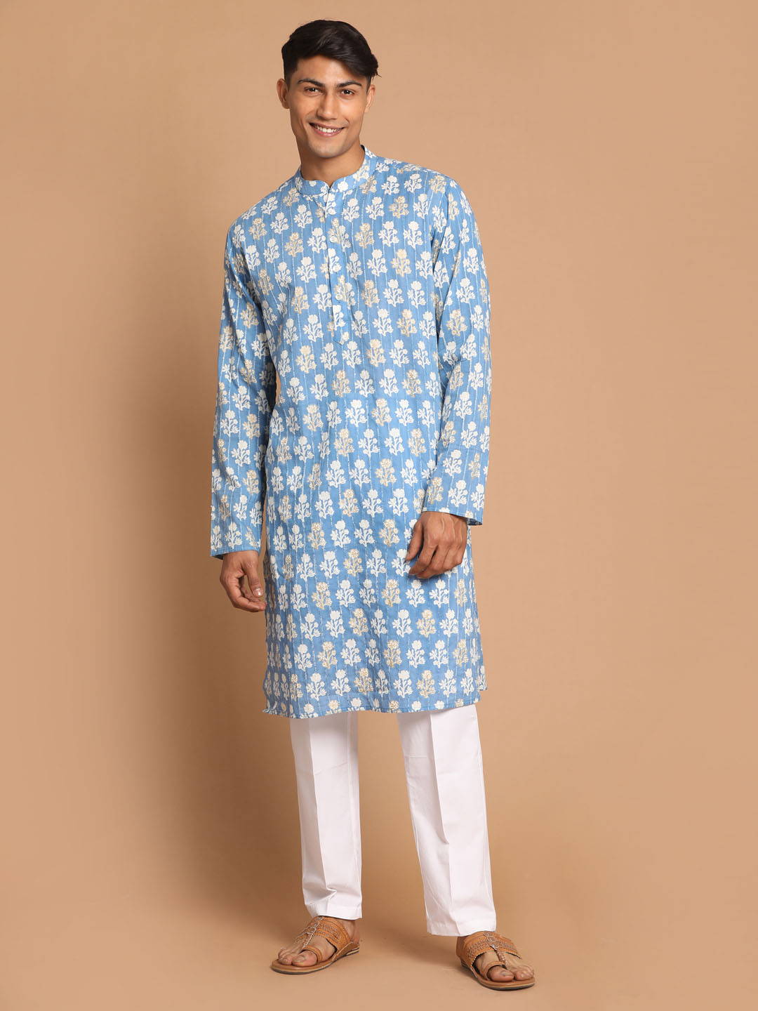 Sarvati Men's Blue Floral Printed Sequined Pure Cotton Kurta With Pajama Set