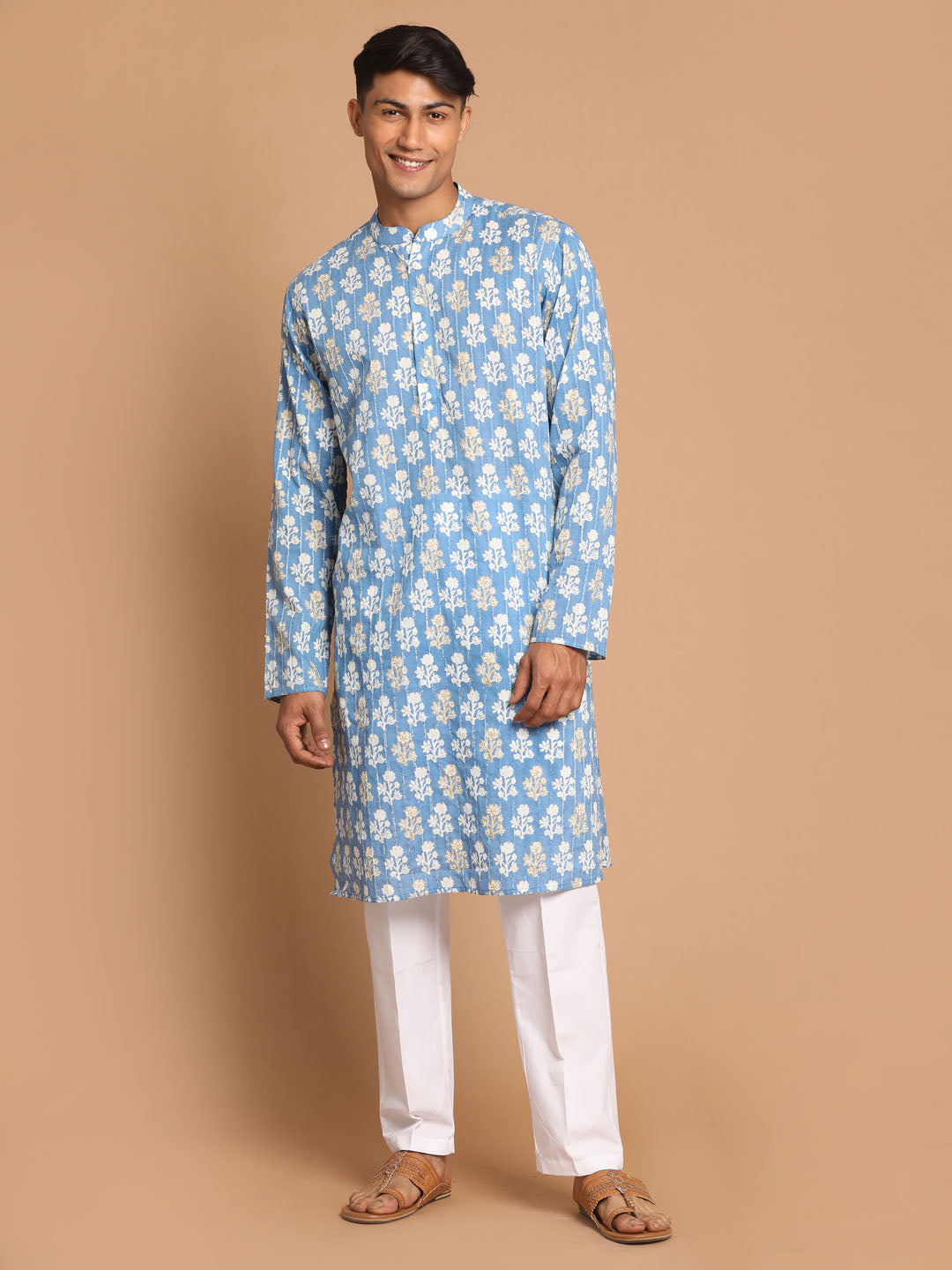 Sarvati Men's Blue Striped Sequined Kurta And White Cotton Pant set