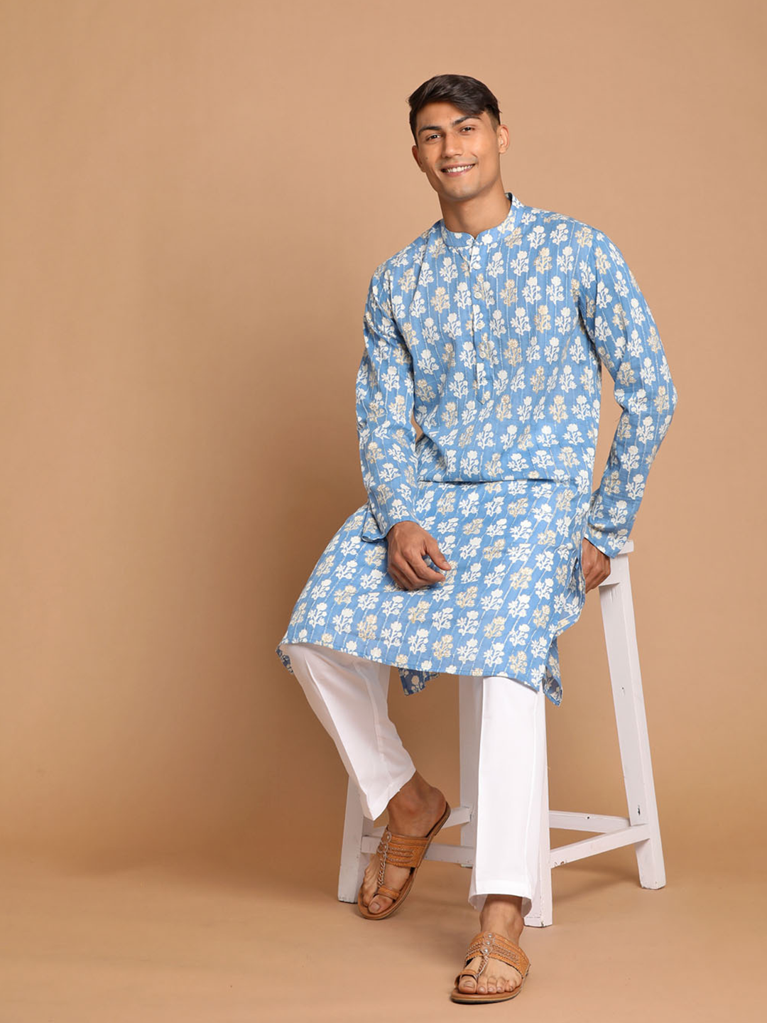 Sarvati Men's Blue Striped Sequined Kurta And White Cotton Pant set