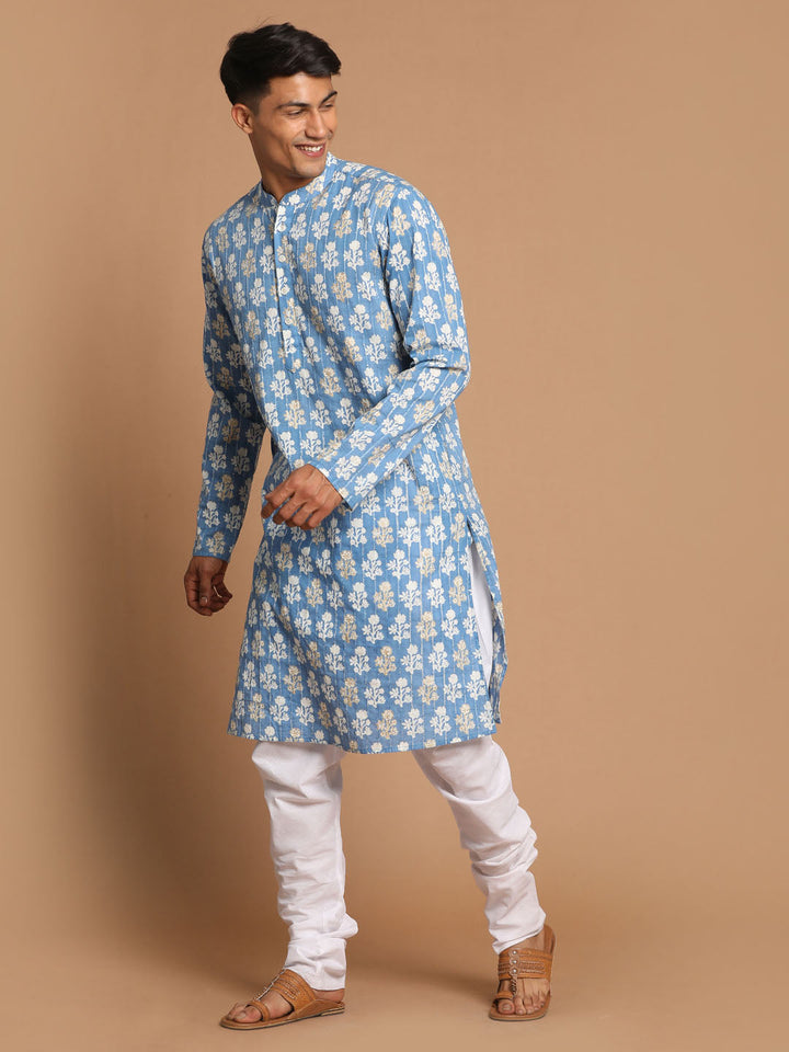 Sarvati Men's Blue Printed Pure Cotton Kurta With White Churidar