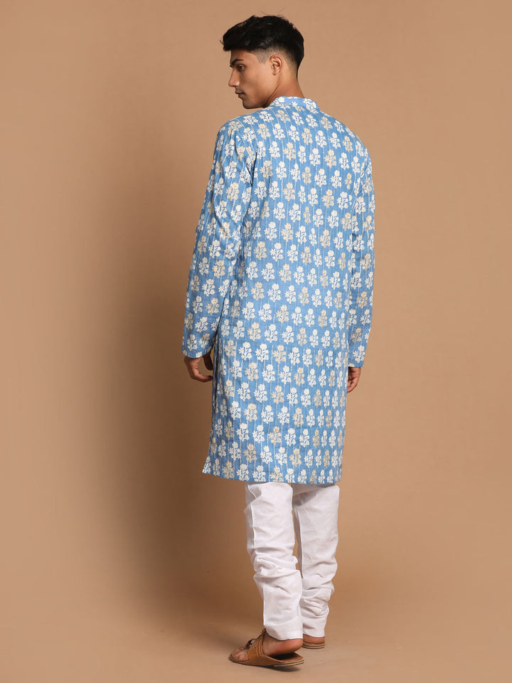 Sarvati Men's Blue Printed Pure Cotton Kurta With White Churidar