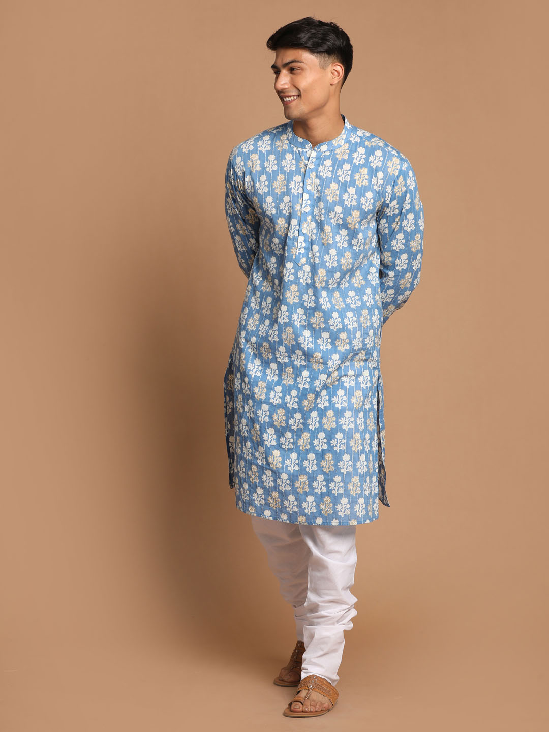 Sarvati Men's Blue Printed Pure Cotton Kurta With White Churidar