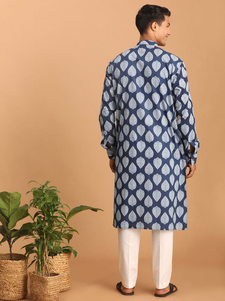 Sarvati Men's Blue Leaf Print cotton Kurta With White Pant Style pyjama Set