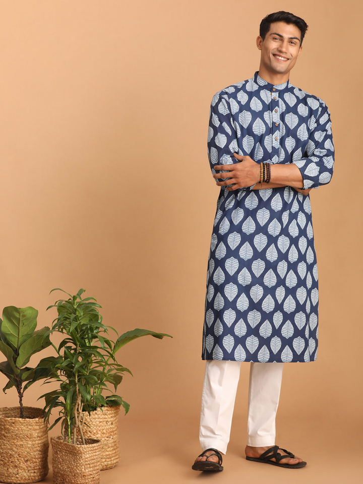 Sarvati Men's Blue Leaf Print cotton Kurta With White Pant Style pyjama Set