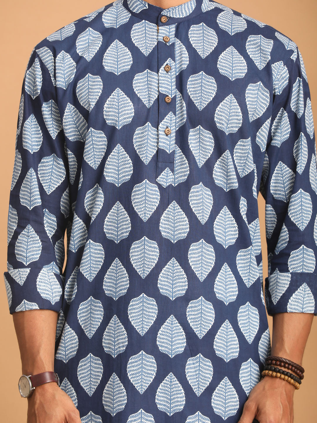 Sarvati Men's Blue Leaf Print cotton Kurta With White Pant Style pyjama Set