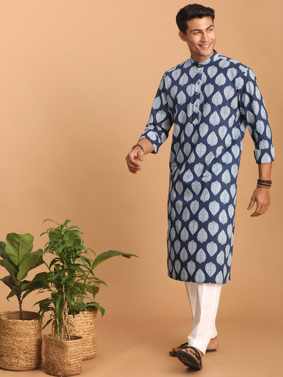 Sarvati Men's Blue Leaf Print cotton Kurta With White Pant Style pyjama Set