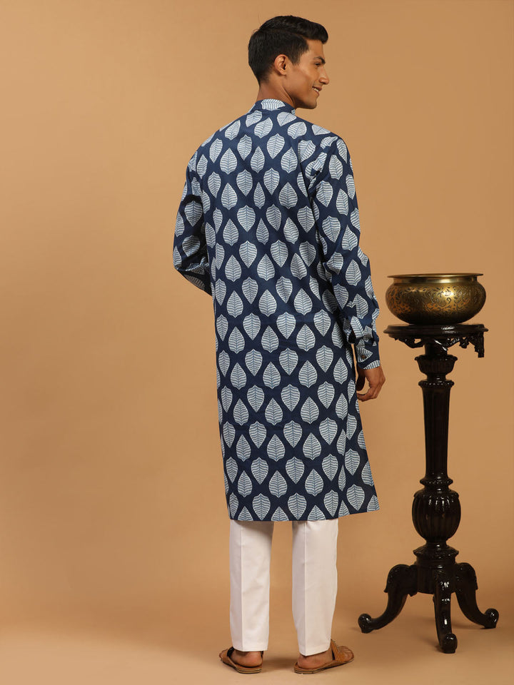 Sarvati Men's Blue Leaf Print cotton Kurta With White Pant Style pyjama Set