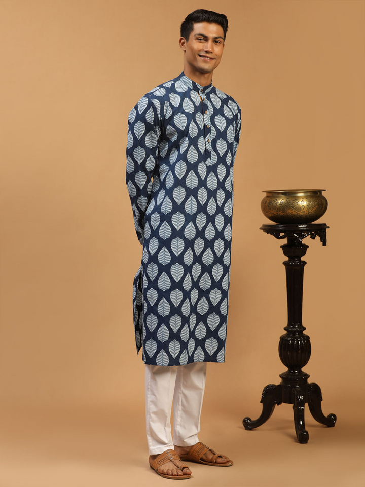 Sarvati Men's Blue Leaf Print cotton Kurta With White Pant Style pyjama Set
