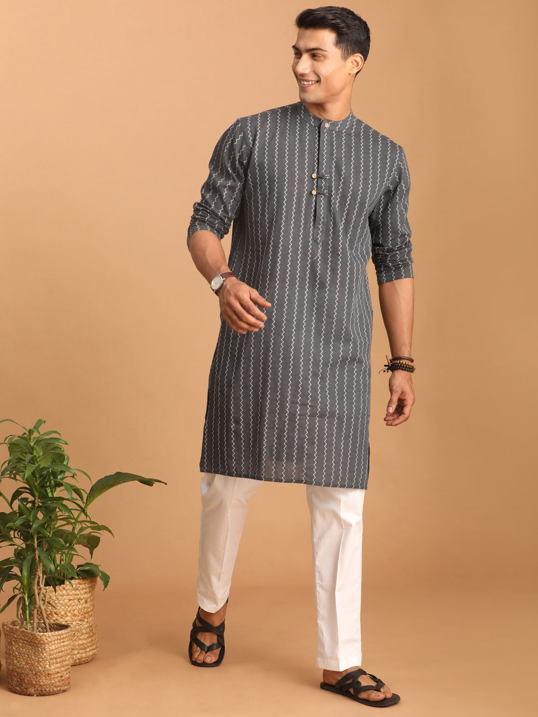 Sarvati Men's Grey jacquard Zig Zag Cotton Kurta With Pant Set