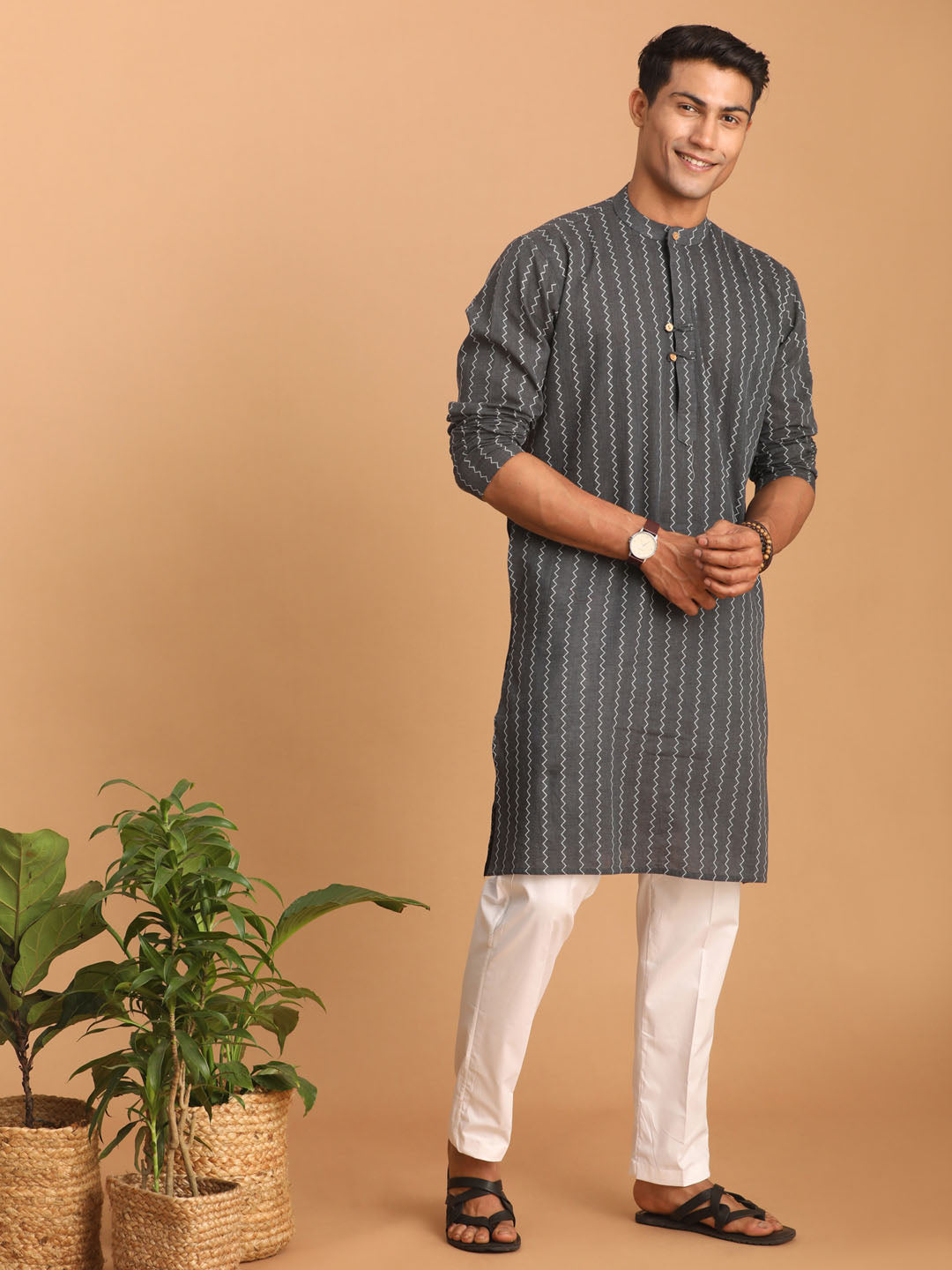 Sarvati Men's Grey jacquard Zig Zag Cotton Kurta With Pant Set