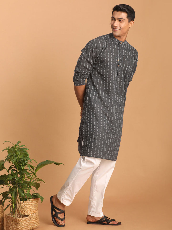 Sarvati Men's Grey jacquard Zig Zag Cotton Kurta With Pant Set