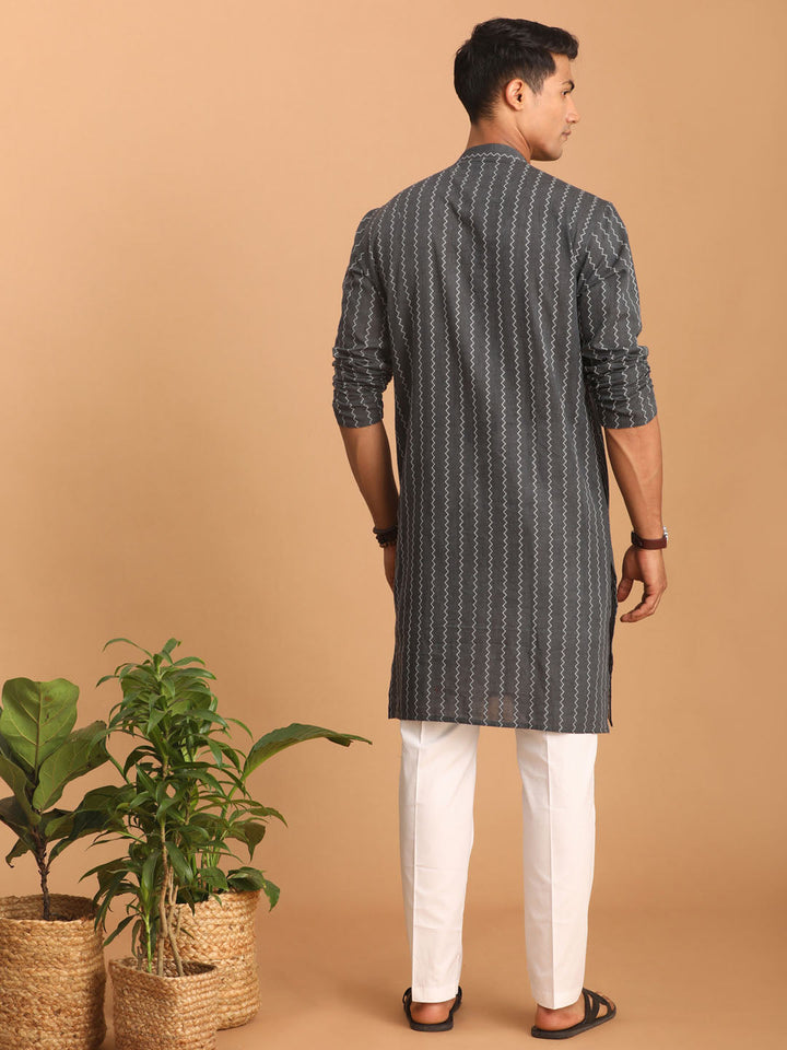 Sarvati Men's Grey jacquard Zig Zag Cotton Kurta With Pant Set