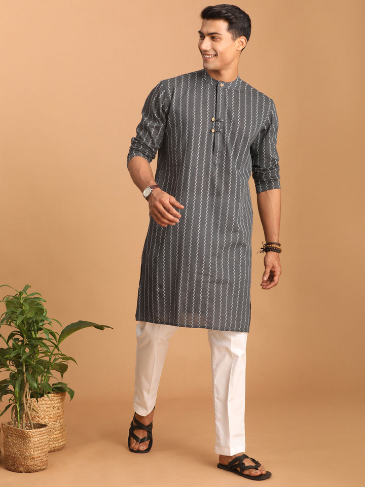 Sarvati Men's Grey jacquard Zig Zag Cotton Kurta With Pant Set