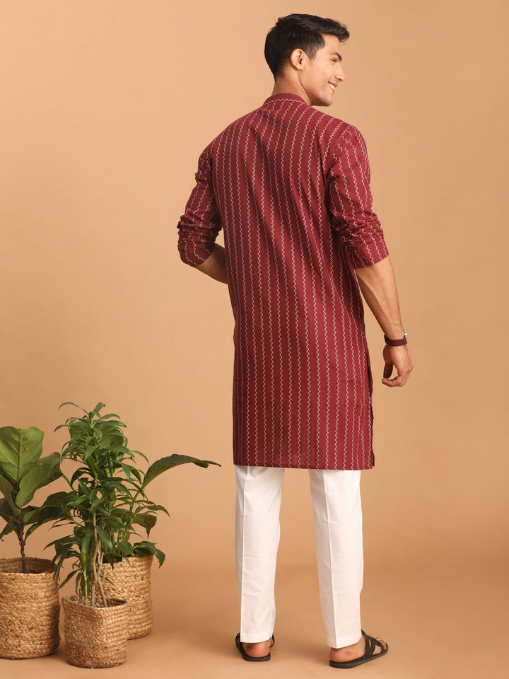 Sarvati Men's Maroon jacquard Zig Zag Cotton Kurta With Pant Set