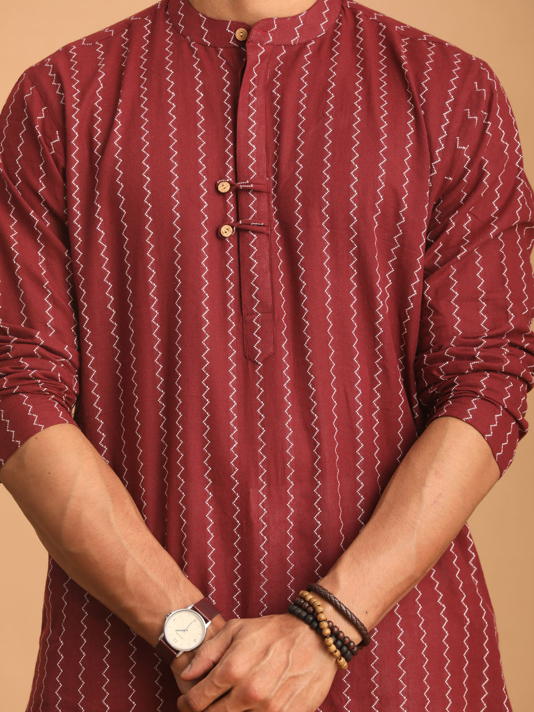 Sarvati Men's Maroon jacquard Zig Zag Cotton Kurta With Pant Set