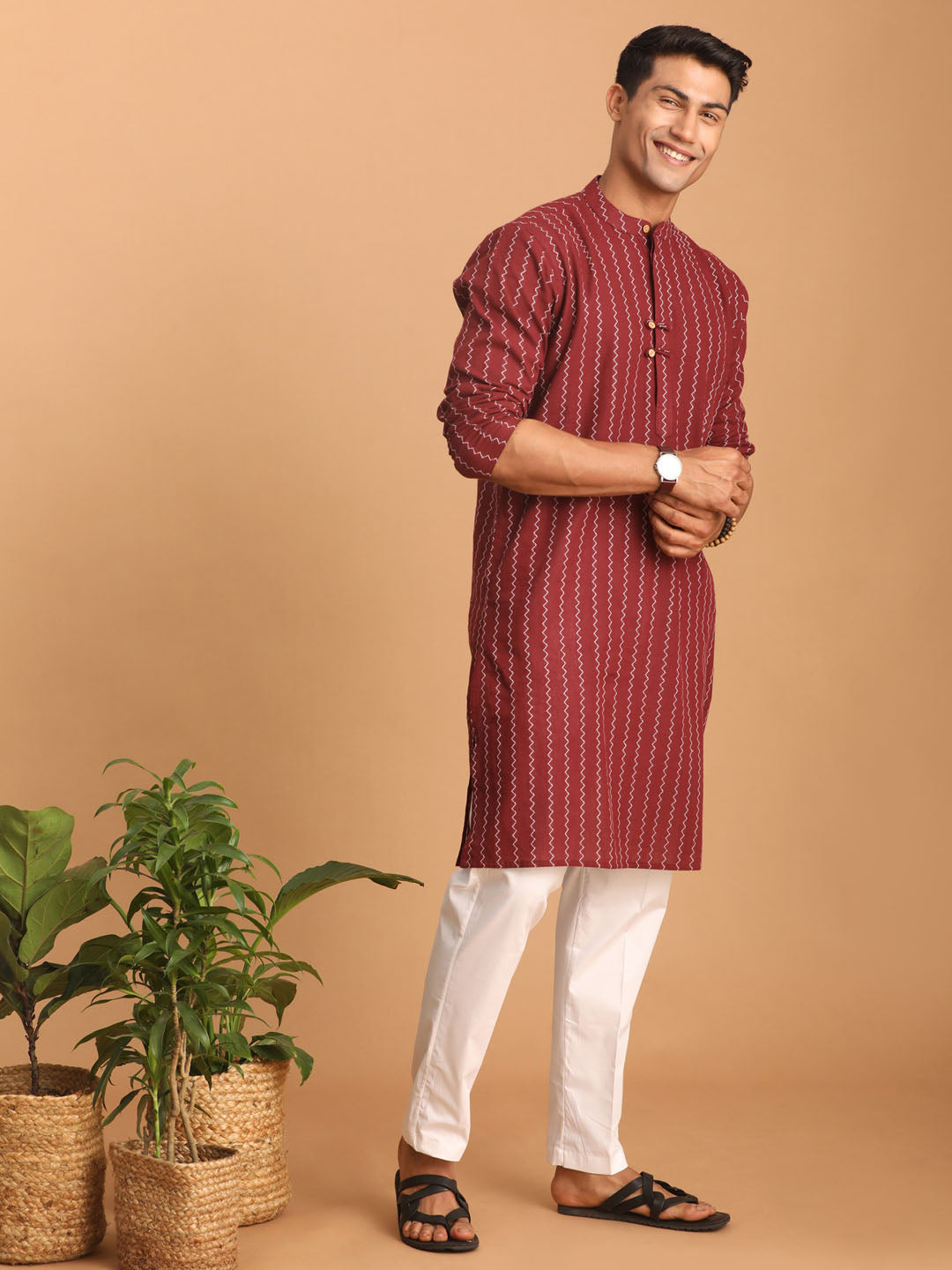 Sarvati Men's Maroon jacquard Zig Zag Cotton Kurta With Pant Set