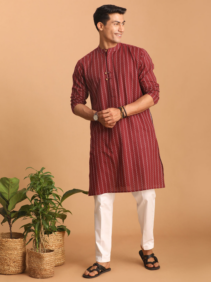 Sarvati Men's Maroon jacquard Zig Zag Cotton Kurta With Pant Set