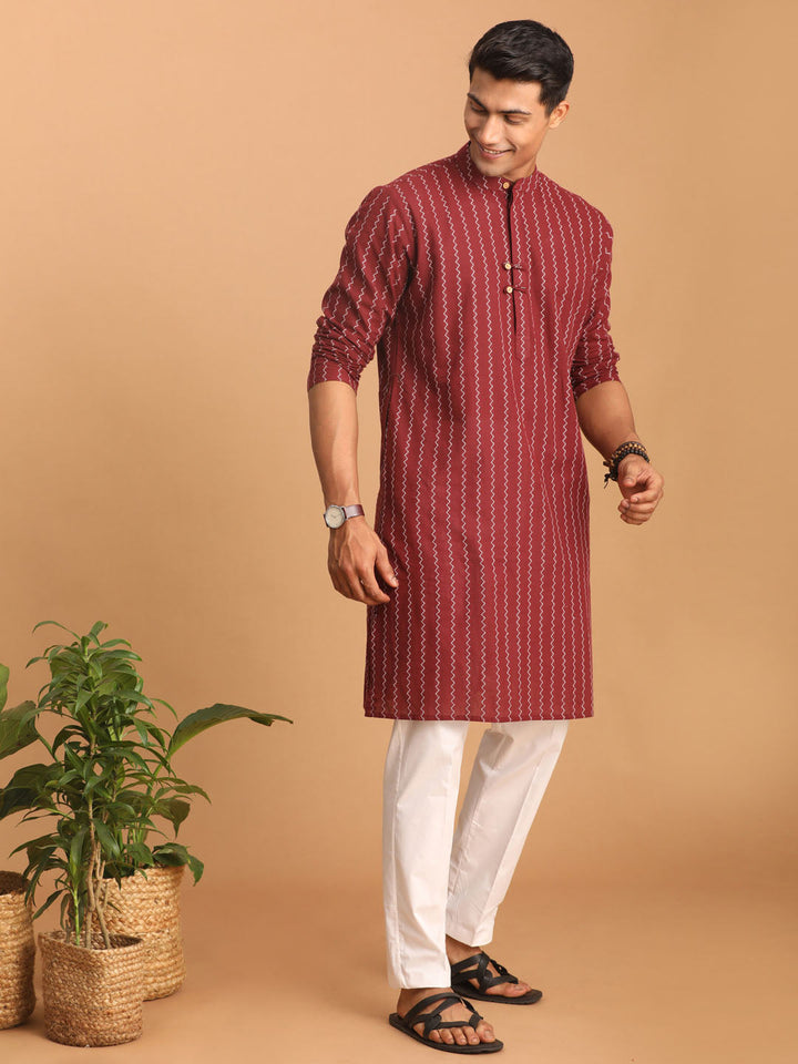 Sarvati Men's Maroon jacquard Zig Zag Cotton Kurta With Pant Set