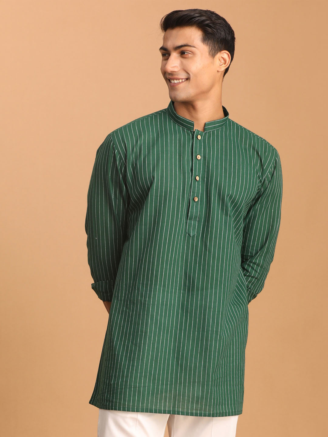 Men's Green Striped Cotton Short Kurta