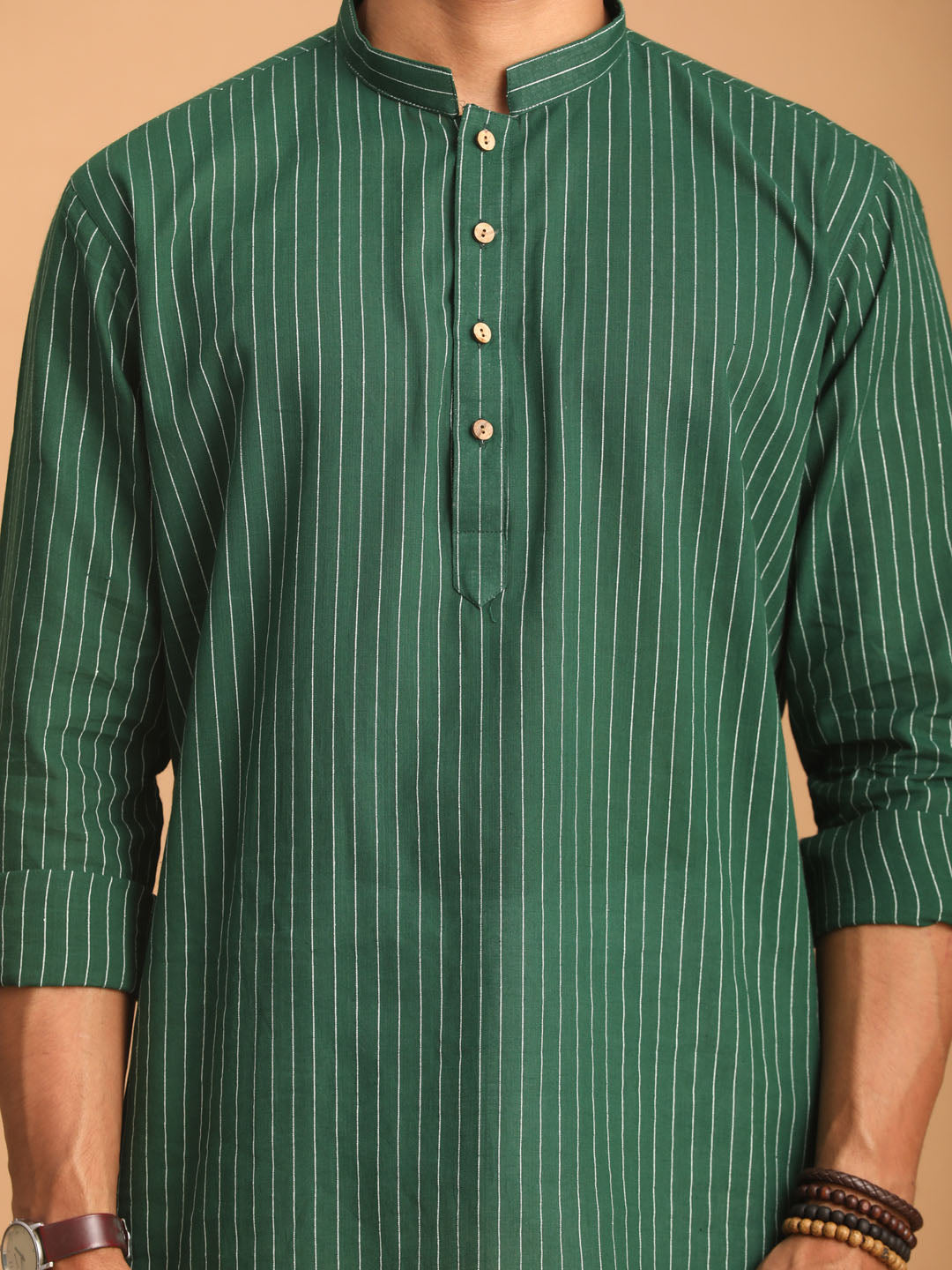 Sarvati Men's Green Striped Cotton Short Kurta With White Pant