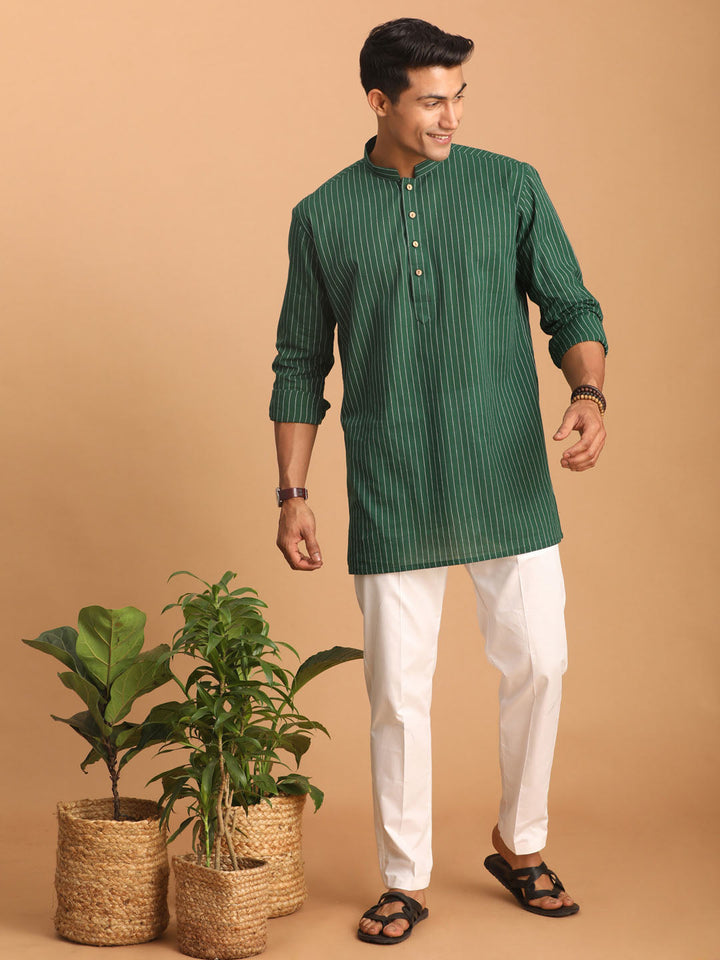 Sarvati Men's Green Striped Cotton Short Kurta With White Pant